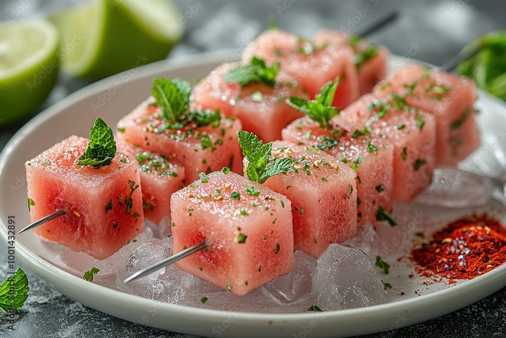 A plate of skewers of watermelon with mint and salt A plate of skewers of watermelon with mint and salt