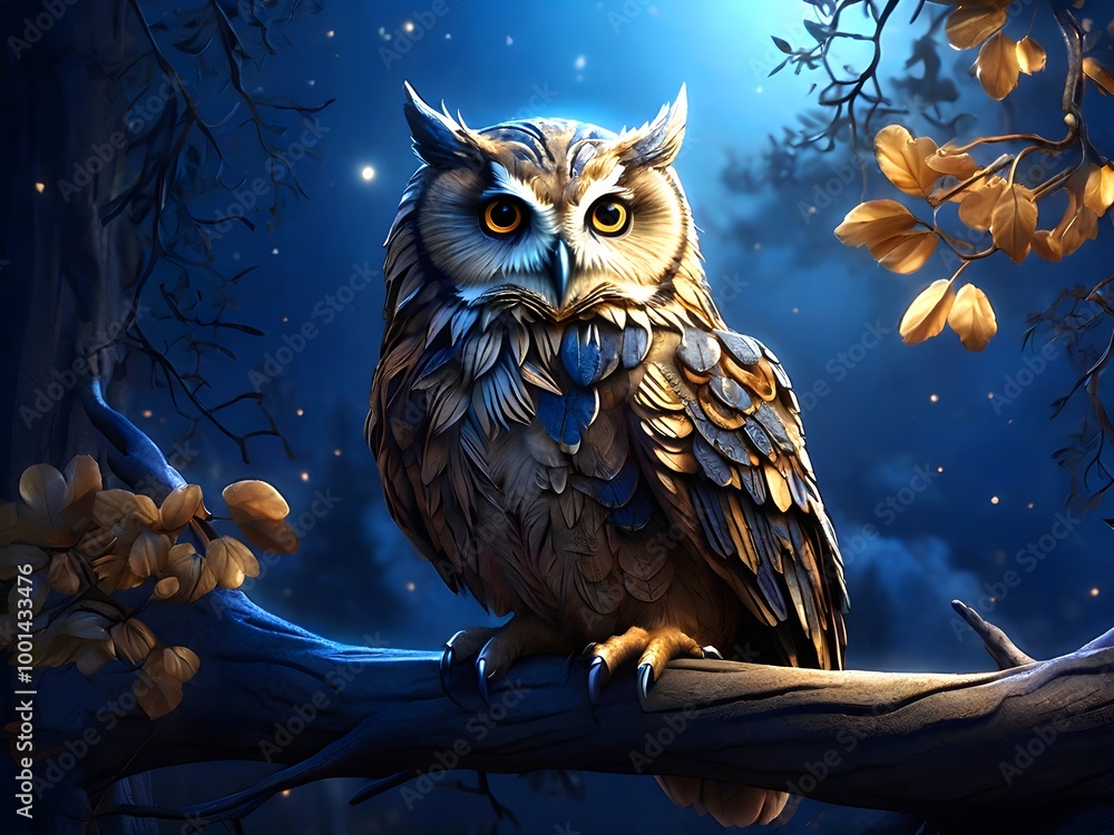 An owl is sitting on a branch with mountains in the background An owl is sitting on a branch with mountains in the background