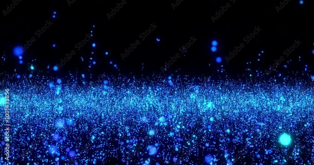 Particules shining field. Slow acceleration of particle motion. Flying light speed journey.