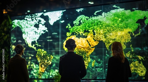 A global summit with world leaders and environmental activists strategizing bold climate actions, with a digital map displaying global carbon reductions photo