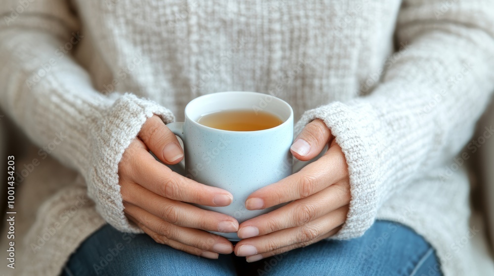 a person holding a warm cup of tea, creating a sense of relaxation and comfort in a cozy environment a person holding a warm cup of tea, creating a sense of relaxation and comfort in a cozy environment