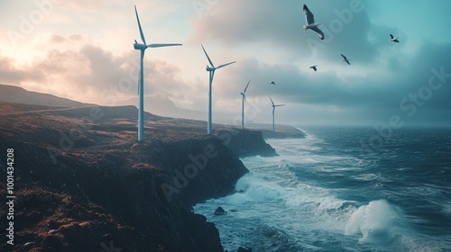 A group of wind turbines standing tall on a cliff overlooking the ocean, their blades turning gracefully in the wind. Seagulls fly peacefully around them, and waves crash against the rocks below