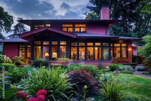 Cheerful magenta Craftsman-style home with large windows and vibrant front landscaping.