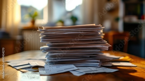 Stack of Documents on Wooden Table in Sunlit Room - Office Work, Paperwork, Business Administration Concept photo