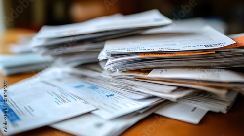 Pile of Unsorted Mail and Documents on Wooden Table in Home Office Setting