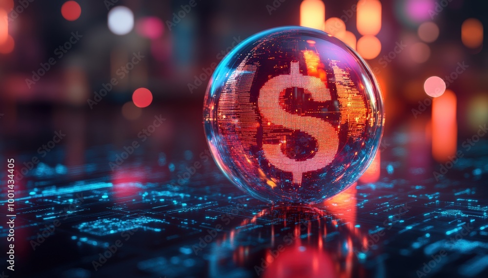 Futuristic Digital Currency Concept with Glowing Dollar Symbol in Transparent Sphere Futuristic Digital Currency Concept with Glowing Dollar Symbol in Transparent Sphere