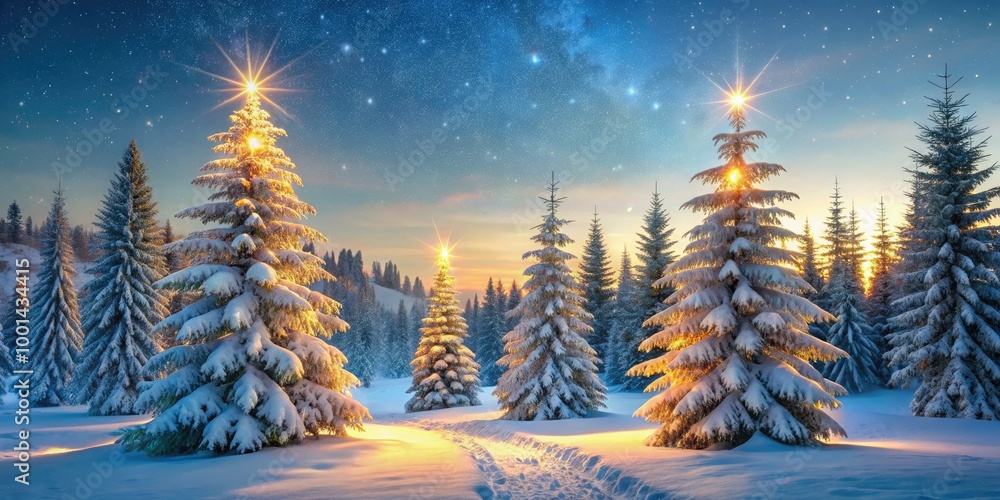 Naklejka premium Frosted evergreen trees stand tall amidst gently falling snowflakes, casting a serene winter wonderland atmosphere in the calm, misty morning light of December.