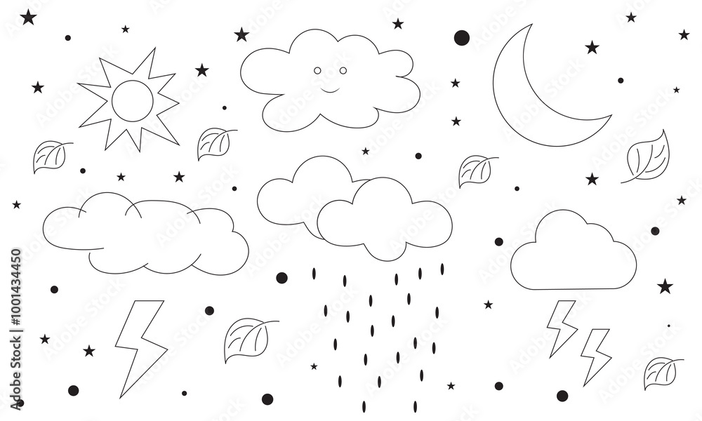 Set of hand drawing weather. cute kawaii clouds, sun, moon in doodle style. Vector illustration isolated on white background. EPS 10 Set of hand drawing weather. cute kawaii clouds, sun, moon in doodle style. Vector illustration isolated on white background. EPS 10