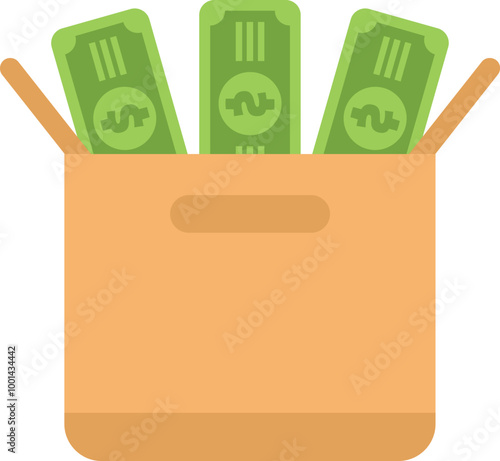This minimalistic illustration features an open cardboard box overflowing with cash, conveying concepts of wealth, savings, and financial success