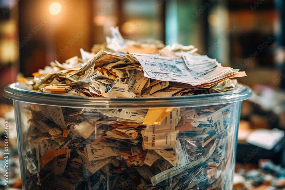 Pile of Receipts Overflowing from a Glass Container in a Busy Office Environment Pile of Receipts Overflowing from a Glass Container in a Busy Office Environment