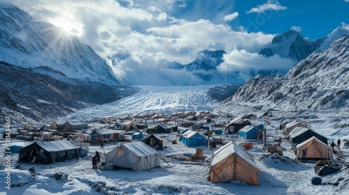 A refugee camp in the backdrop of melting glaciers, showcasing the harsh reality of climate displacement and humanitarian aid efforts photo