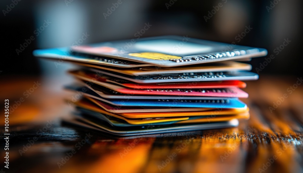 Stack of Colorful Credit Cards on Wooden Table with Blurred Background Stack of Colorful Credit Cards on Wooden Table with Blurred Background