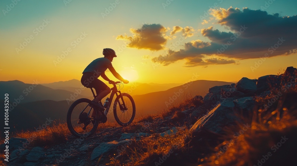 A woman is riding a bike on a mountain trail at sunset A woman is riding a bike on a mountain trail at sunset