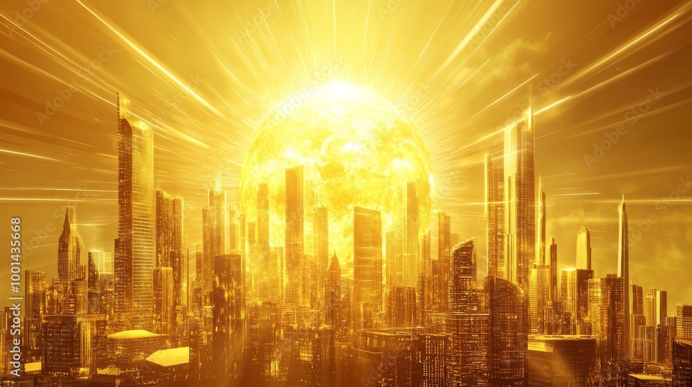 Sun Extending Rays A symbolic representation of the sun powering the world, with golden ...