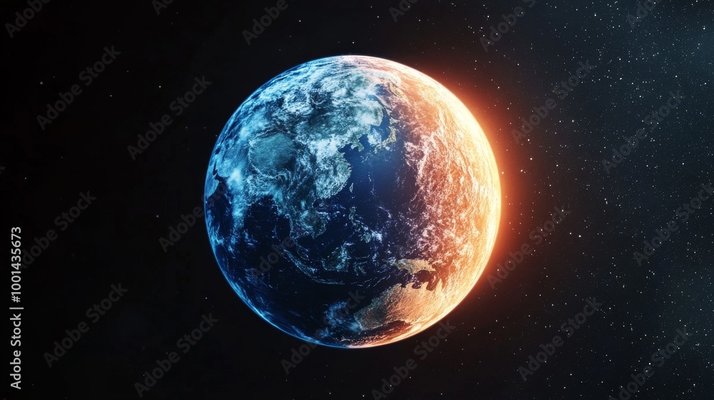 Obraz premium A time-lapse of Earth over decades, showing ice caps melting, deserts expanding, and lush areas becoming arid due to global temperature rise. The planet is shown heating from blue to red