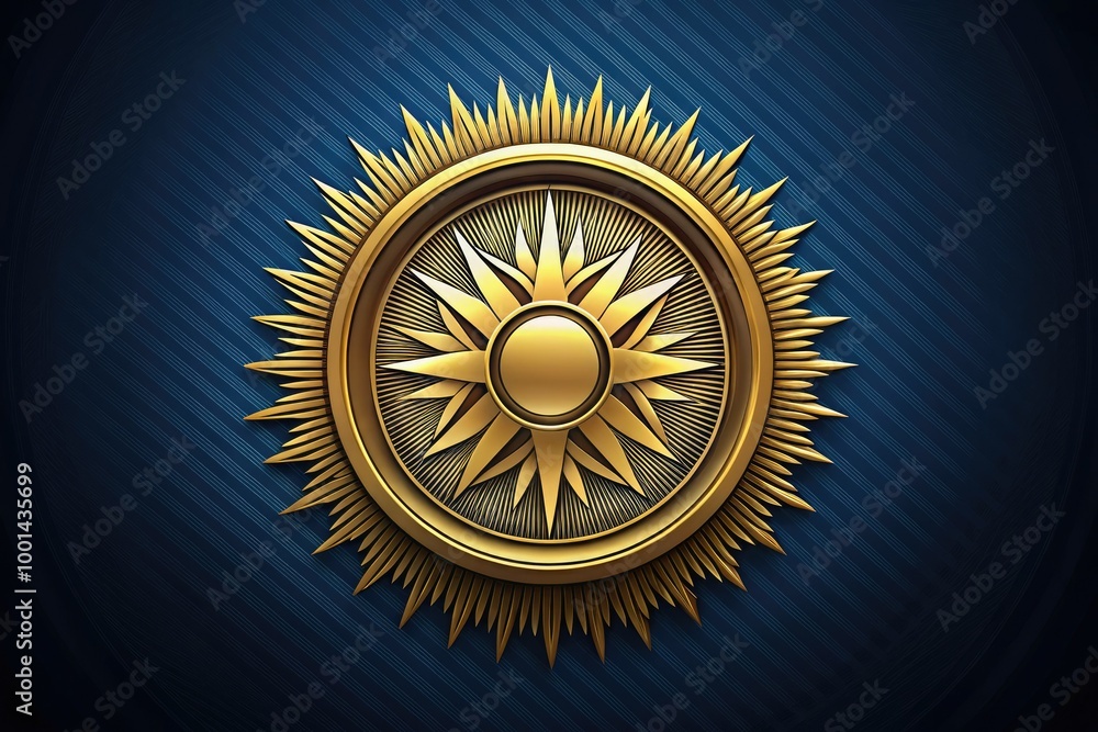 Fototapeta premium Golden circular emblem with bold, metallic-edged starburst pattern and bold, centered icon, symbolizing unity, power, and protection, set against a dark, gradient blue background.