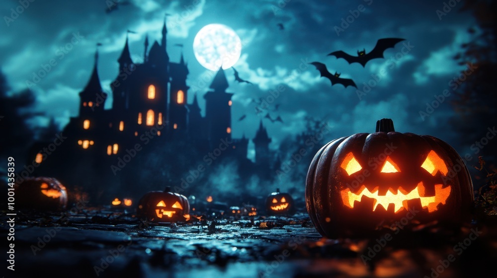 Halloween scene featuring a dark castle, carved pumpkins glowing in the night, and bats flying under a spooky moon. Halloween scene featuring a dark castle, carved pumpkins glowing in the night, and bats flying under a spooky moon.