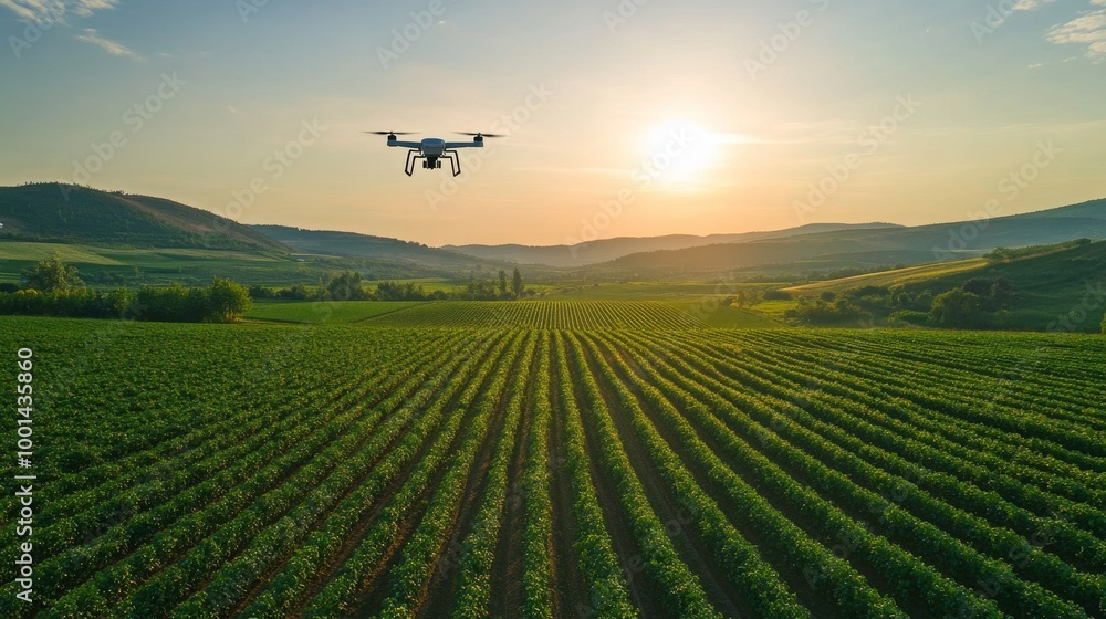 A vast farmland employing climate-smart techniques, with drones monitoring crops, automated irrigation systems, and renewable energy-powered machinery A vast farmland employing climate-smart techniques, with drones monitoring crops, automated irrigation systems, and renewable energy-powered machinery