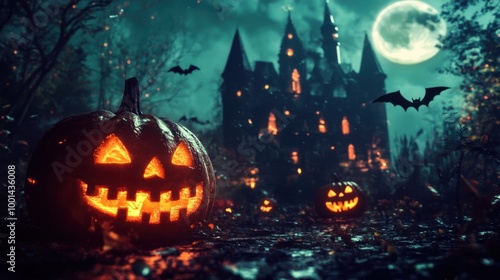 Halloween scene featuring a dark castle, carved pumpkins glowing in the night, and bats flying under a spooky moon.