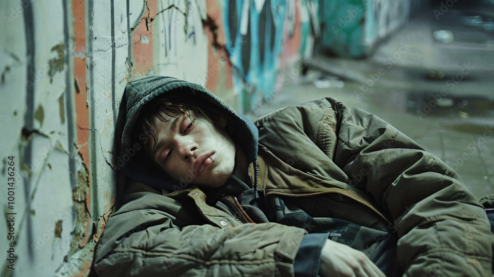 Young man sleeping or passed out against a graffiti-covered wall in an urban setting, wearing a hoodie and oversized jacket, suggesting themes of homelessness, poverty, addiction, or street life Young man sleeping or passed out against a graffiti-covered wall in an urban setting, wearing a hoodie and oversized jacket, suggesting themes of homelessness, poverty, addiction, or street life