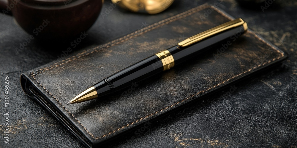 A sophisticated black and gold pen resting on a distressed leather surface, showcasing a classic and timeless design. A sophisticated black and gold pen resting on a distressed leather surface, showcasing a classic and timeless design.