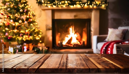 Cozy fireplace with Christmas tree and decorations, creating a warm holiday atmosphere.