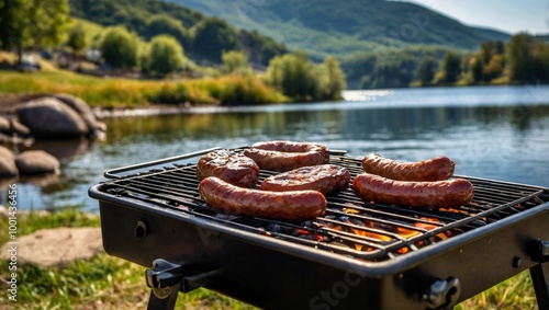 A barbecue grill loaded with several sausages cooking over an open flame. The setting is outdoors near a scenic body of water, possibly a lake or river, with lush trees and rolling hills in the backgr
