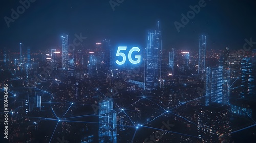 A large "5G" symbol floats above an urban skyline, connected by glowing lines to buildings and roads below