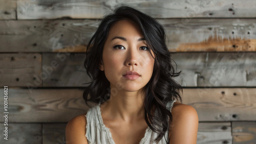 Young asian woman with a calm expression against a rustic wooden background, conveying natural beauty, simplicity, and a serene, minimalist aesthetic with soft lighting and a neutral color palette