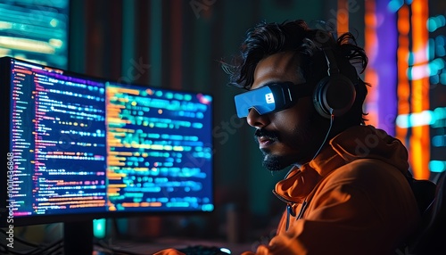 Focused South Asian programmer immersed in holographic code within a dimly lit cyberpunk environment