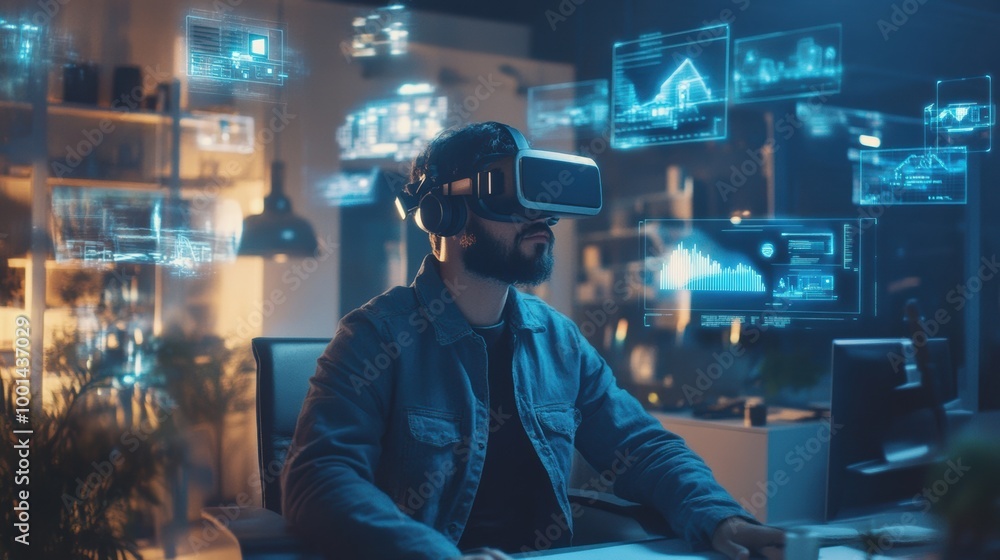 A virtual reality designer creates immersive experiences in a modern studio while wearing a VR headset and interacting with 3D designs. Generative AI A virtual reality designer creates immersive experiences in a modern studio while wearing a VR headset and interacting with 3D designs. Generative AI