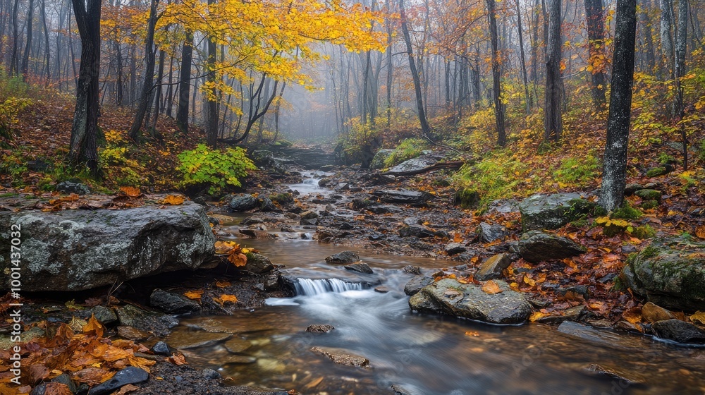 A stream flows through an autumnal forest. Perfect for illustrating nature, tranquility, and peace. A stream flows through an autumnal forest. Perfect for illustrating nature, tranquility, and peace.