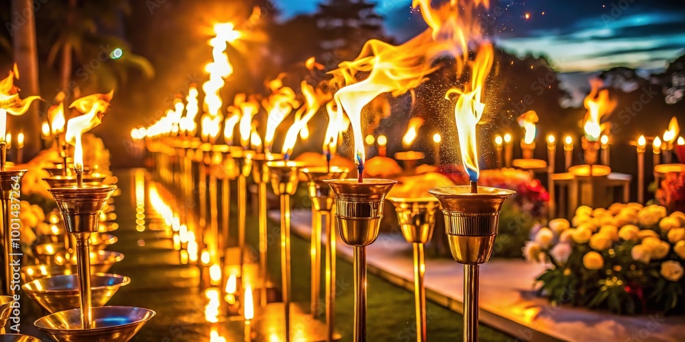 Obraz premium Elegant Gold Torches Illuminating the Night in a Luxurious Setting for Events and Celebrations