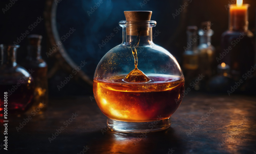 A round glass bottle with a cork stopper filled with a golden liquid sits on a dark wooden table A round glass bottle with a cork stopper filled with a golden liquid sits on a dark wooden table