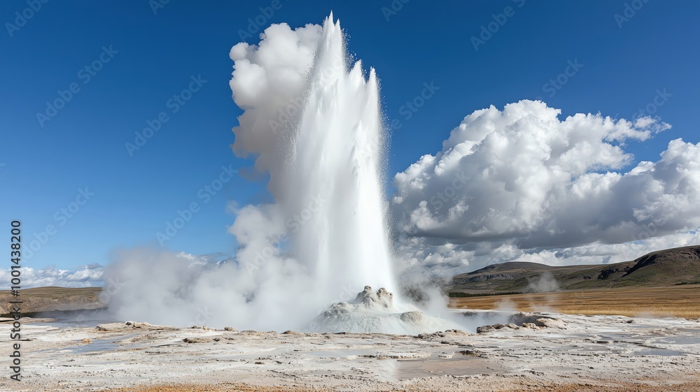 A geyser erupting, shooting water and steam high into the air, representing the raw power of water beneath the earth, geothermal energy, water force A geyser erupting, shooting water and steam high into the air, representing the raw power of water beneath the earth, geothermal energy, water force