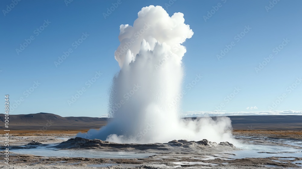A geyser erupting, shooting water and steam high into the air, representing the raw power of water beneath the earth, geothermal energy, water force A geyser erupting, shooting water and steam high into the air, representing the raw power of water beneath the earth, geothermal energy, water force