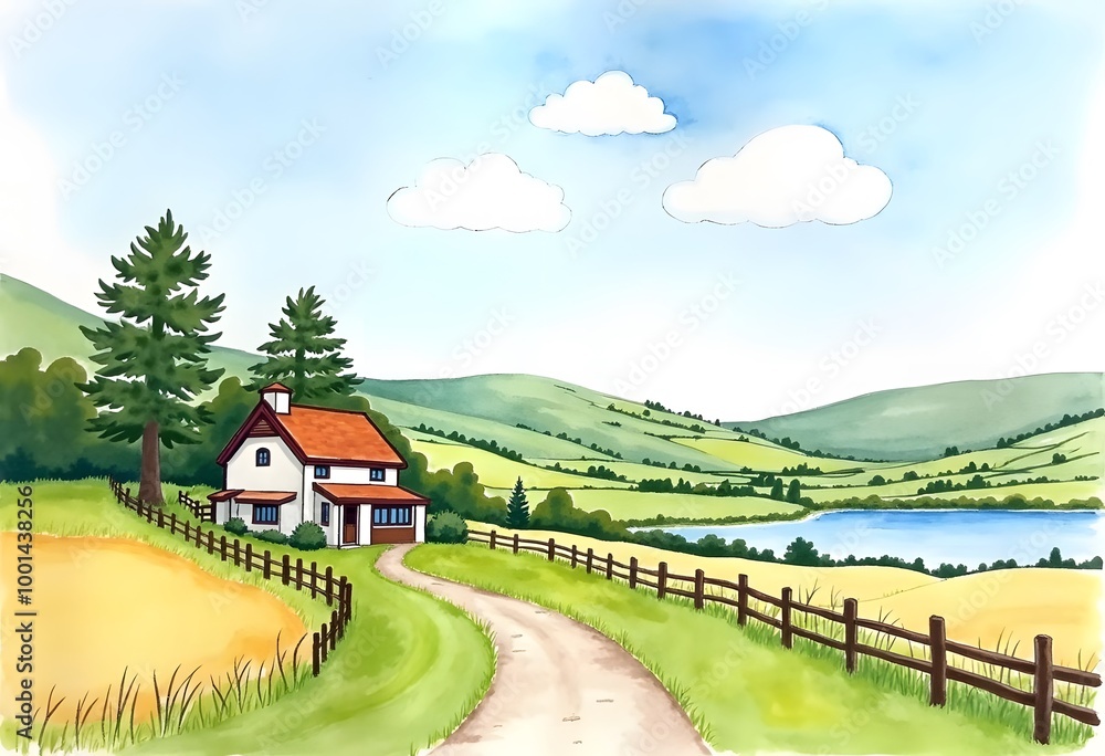 Hand drawn watercolor painting of autumn farmland. Landscape painting with farm house, red barn, wheat field, pathways, grass, wildflowers, yellow foliage, woods and mountain background
Hand drawn watercolor painting of autumn farmland. Landscape painting with farm house, red barn, wheat field, pathways, grass, wildflowers, yellow foliage, woods and mountain background