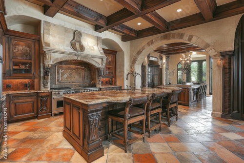 Elegant kitchen with island and archways. Perfect for showcasing luxury home interiors or design concepts. photo