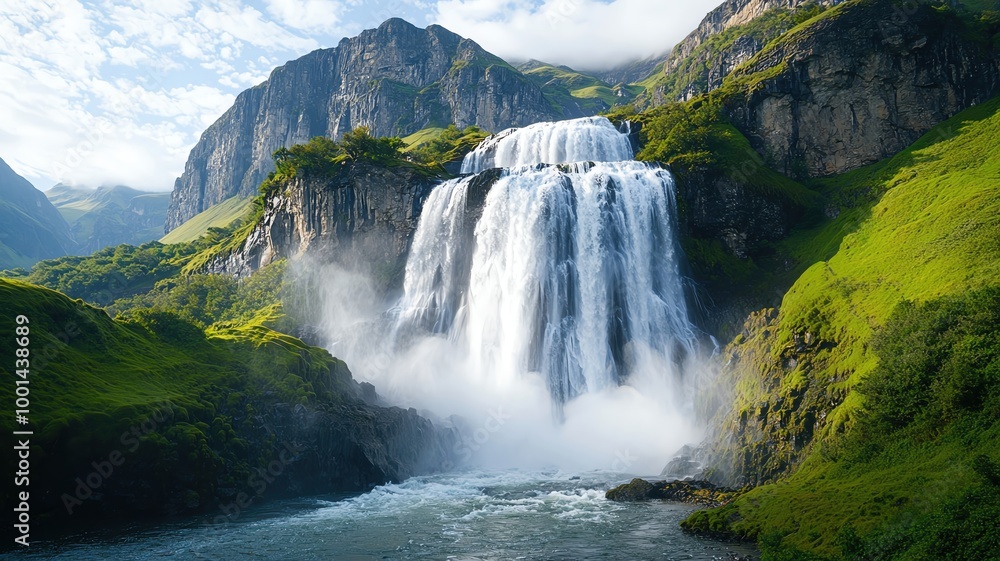 A majestic waterfall cascading down a mountain, with mist rising and sunlight reflecting off the water, waterfall power, nature s energy A majestic waterfall cascading down a mountain, with mist rising and sunlight reflecting off the water, waterfall power, nature s energy