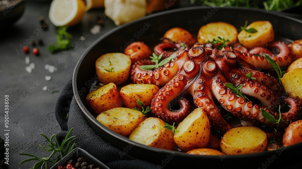 Octopus and potatoes in a pan. Perfect for culinary blogs or restaurant menus, this photo shows a delicious meal. Octopus and potatoes in a pan. Perfect for culinary blogs or restaurant menus, this photo shows a delicious meal.