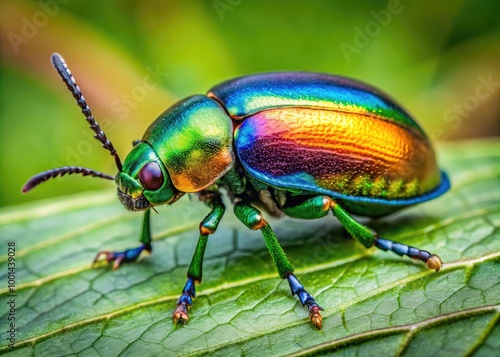 Close-Up of a Colorful Beetle on Green Leaf in Natural Habitat Showcasing Insect Diversity and Beauty