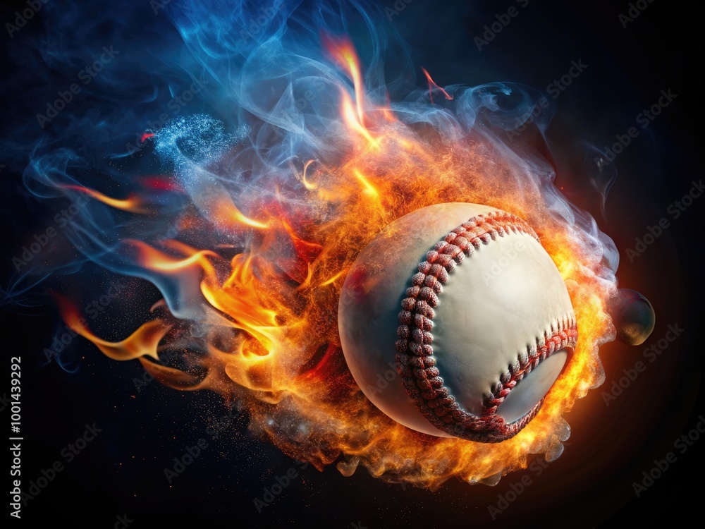 Close-Up of a Fiery Baseball Igniting Flames Against a Dark Background for Dynamic Sports Imagery Close-Up of a Fiery Baseball Igniting Flames Against a Dark Background for Dynamic Sports Imagery