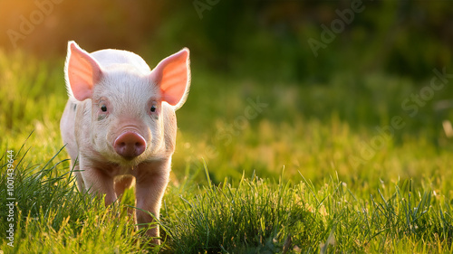 Petit cochon rose dans prairie