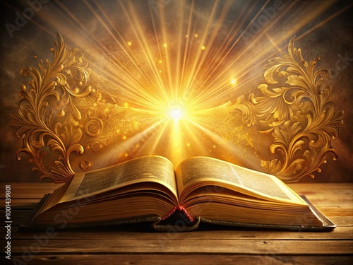 Illustrated open Bible with golden light rays, ornate decorations, and intricately designed pages, symbolizing faith, spirituality, and religious devotion in a warm, serene atmosphere.