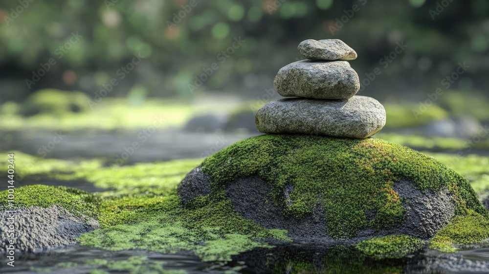 Stacked stones on a mossy rock. Perfect for nature and peace themes. Stacked stones on a mossy rock. Perfect for nature and peace themes.