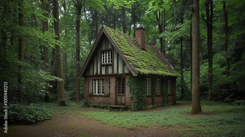 An abandoned cottage in the middle of a dense forest, with its roof covered in moss and ivy climbing the walls forest cottage, overgrown abandonment