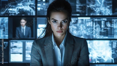 A woman in a business suit working obsessively, with a determined expression and multiple screens in front of her. photo