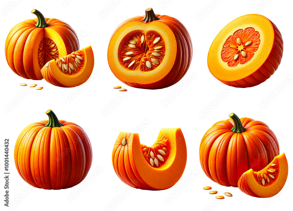 Set of bright, detailed images of pumpkins in various cuts and entirely isolated on a transparent background Set of bright, detailed images of pumpkins in various cuts and entirely isolated on a transparent background
