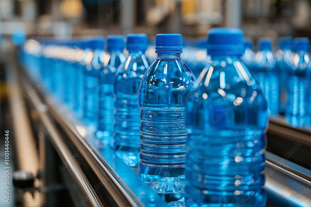 Blue water bottles in the process of production, arranged neatly on conveyor belts with blue caps for use in various products such as energy drinks, sports drinks, or branding on glass water bottles Blue water bottles in the process of production, arranged neatly on conveyor belts with blue caps for use in various products such as energy drinks, sports drinks, or branding on glass water bottles