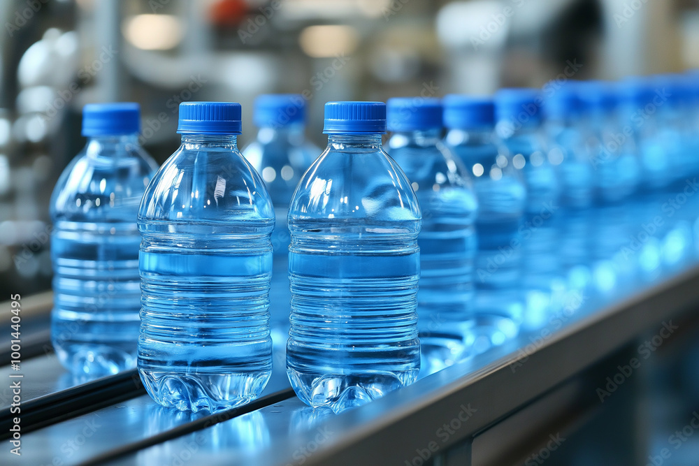 Blue water bottles in the process of production, arranged neatly on conveyor belts with blue caps for use in various products such as energy drinks, sports drinks, or branding on glass water bottles Blue water bottles in the process of production, arranged neatly on conveyor belts with blue caps for use in various products such as energy drinks, sports drinks, or branding on glass water bottles